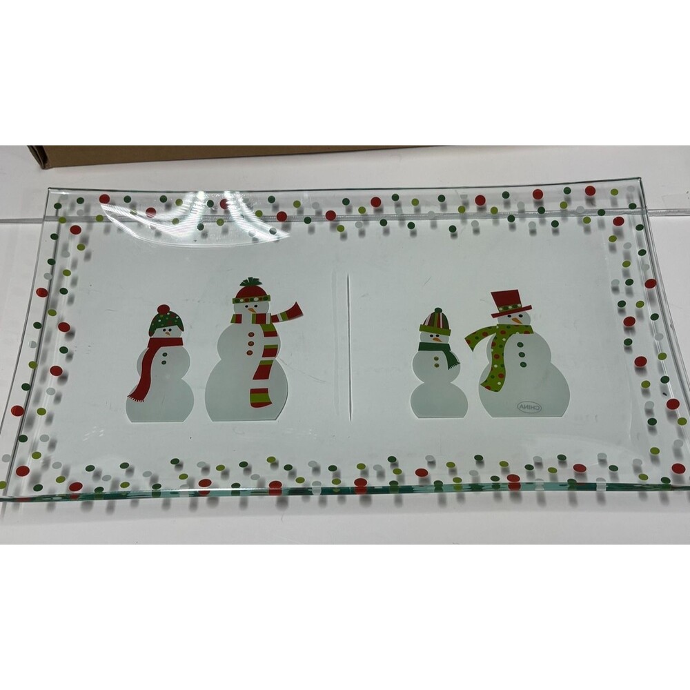 Pampered Chef Snowmen-Dots Divided Platter #3012 Christmas Glass Tray NIB
